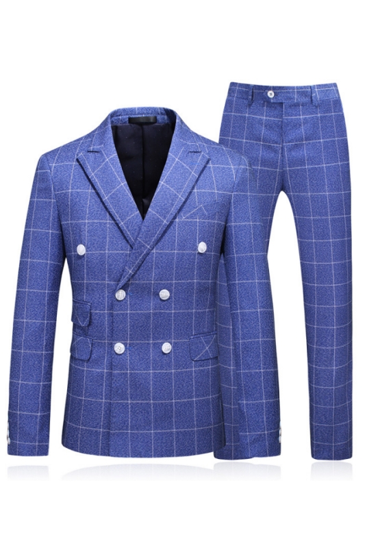 Chic Blue Plaid Peaked Lapel Two Pieces Men Suits For Business