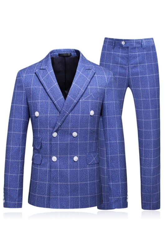 Chic Blue Plaid Peaked Lapel Two Pieces Men Suits For Business