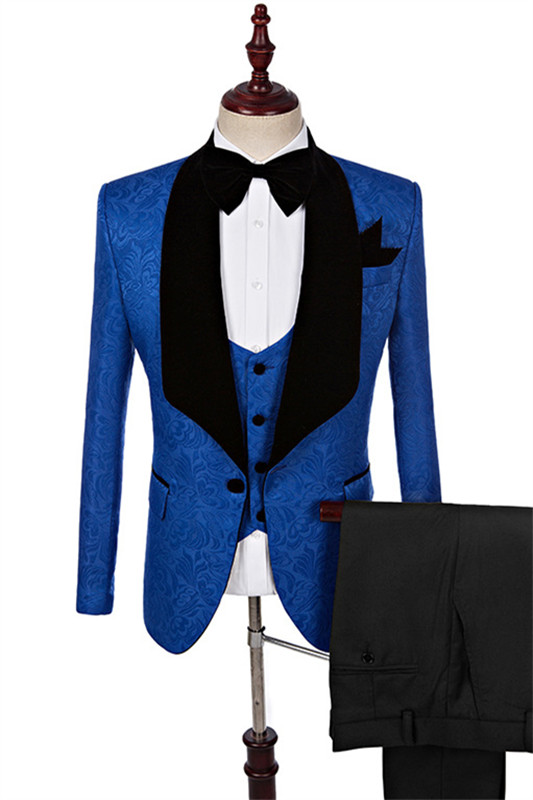 Modern Royal Blue Jacquard Three Pieces Shawl Lapel Men Wedding Suits-BMbridal