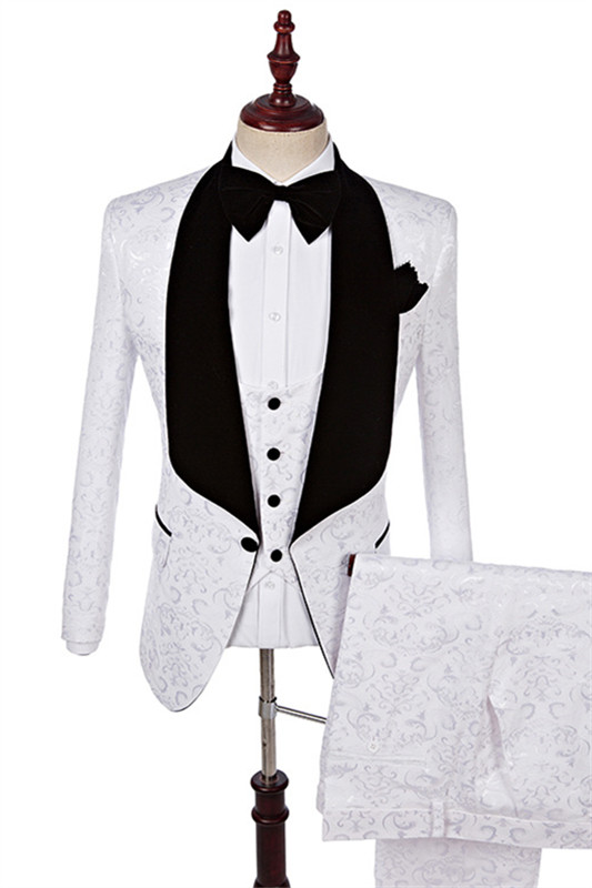 Bespoke White Jacquard Three Pieces Men Suits For Wedding