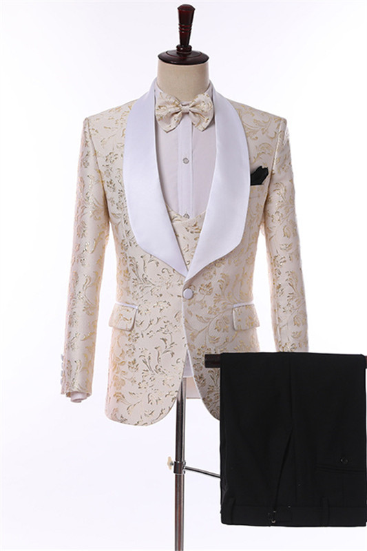 Modern Champagne Jacquard Three Pieces Wedding Suits-BMbridal