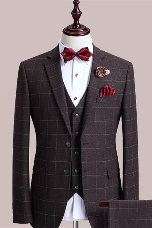 Formal Brown Plaid Three Pieces Men Suits For Business-BMbridal