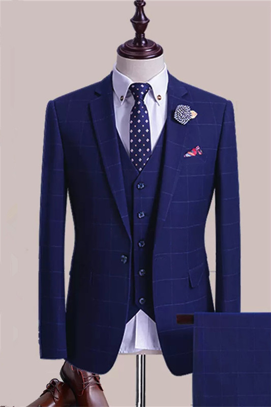 Bespoke Blue Plaid Three Pieces Men Suits For Business-BMbridal