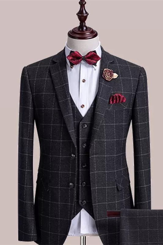 Fancy Black Plaid Three Pieces Notched Lapel Business Suits-BMbridal