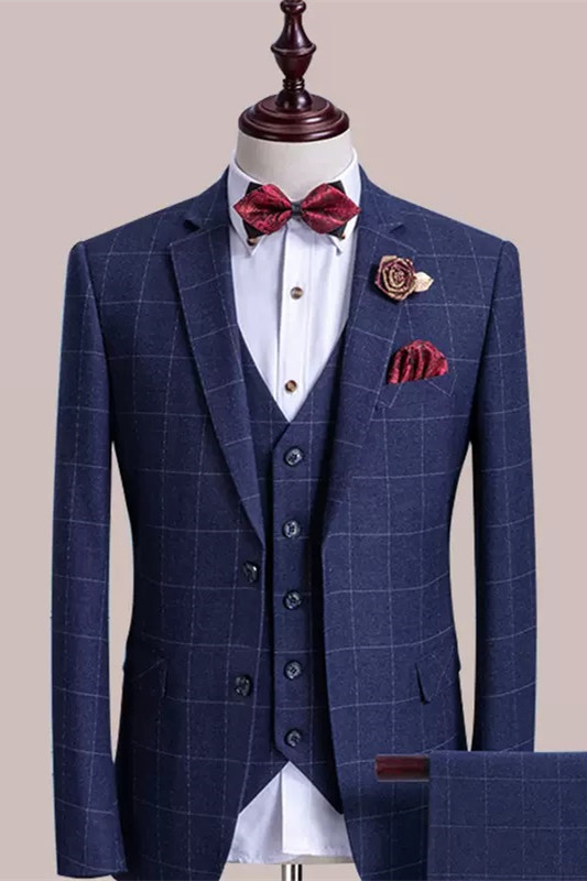 Bespoke Blue Three Pieces Notched Lapel Plaid Business Suits-BMbridal