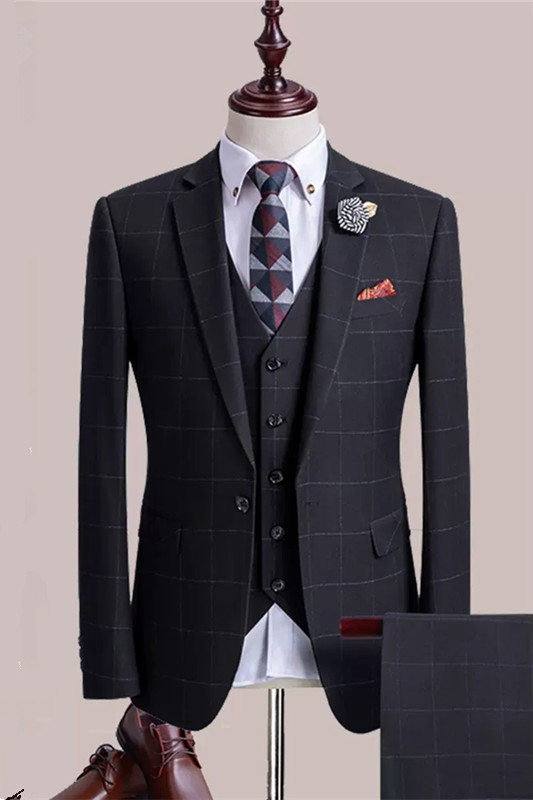Formal Black Three Pieces Notched Lapel Plaid Business Suits-BMbridal