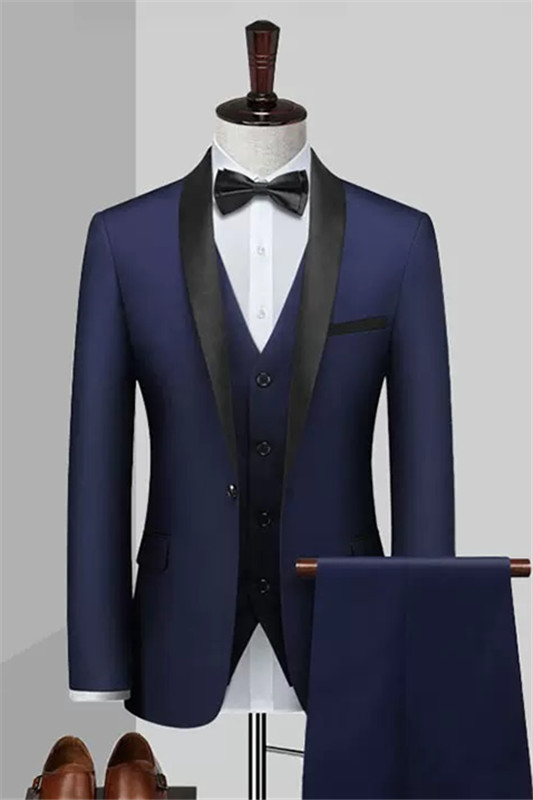 Chic Deep Blue Three Pieces Shawl Lapel Wedding Suits For Men-BMbridal