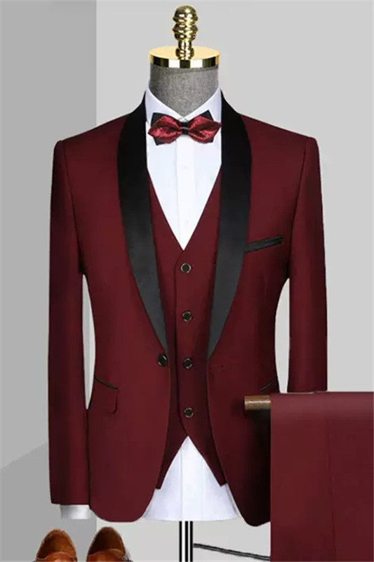 Bespoke Burgundy Shawl Lapel Three Pieces Wedding Suits For Men-BMbridal