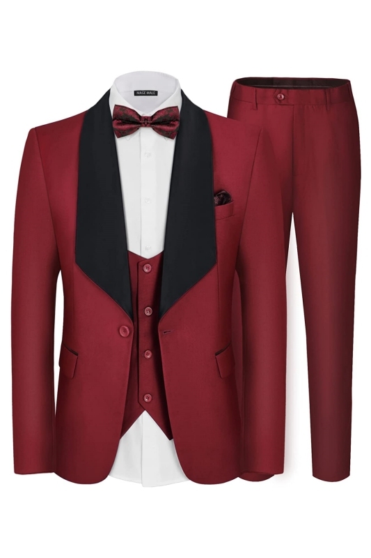 Fashion Burgundy Shawl Lapel Three Pieces Men Suits For Wedding-BMbridal
