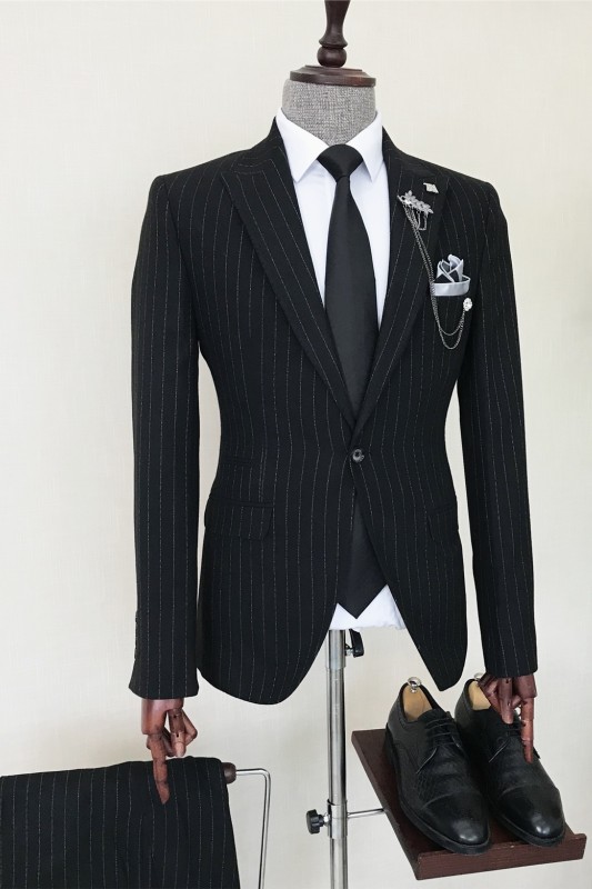 Bespoke Black Striped Peaked Lapel Men Suits For Business-BMbridal