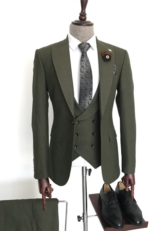 Fancy Dark Green Peaked Lapel Men Business Suits-BMbridal