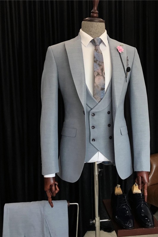 Chic Gray Peaked Lapel Three Pieces Men Business Suits-BMbridal