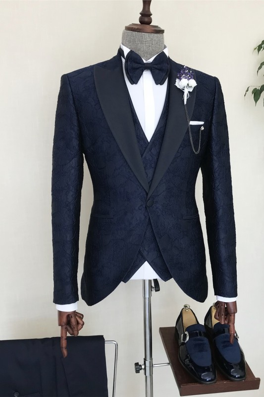 Fancy Navy Blue Jacquard Peaked Lapel Three Pieces Men Suits For Prom-BMbridal