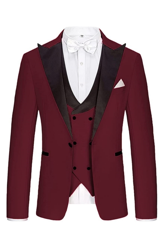 Fashion Burgundy Three Pieces Peaked Lapel Prom Suits-BMbridal