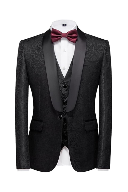 Fancy Black Jacquard Shawl Lapel Three Pieces Men Suits For Wedding-BMbridal