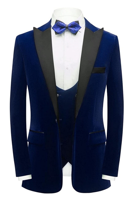 Fancy Navy Blue Three Pieces Velvet Men Suits For Prom-BMbridal
