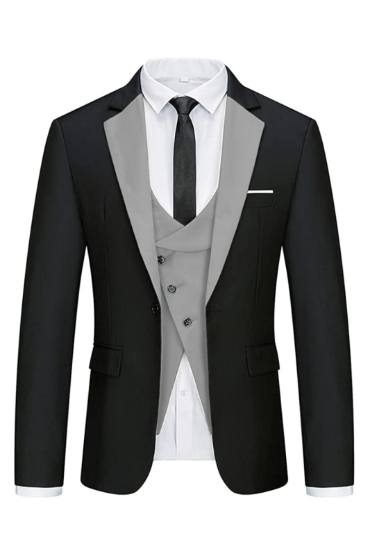 Modern Black And Gray Three Pieces Notched Lapel Men Suits For Business