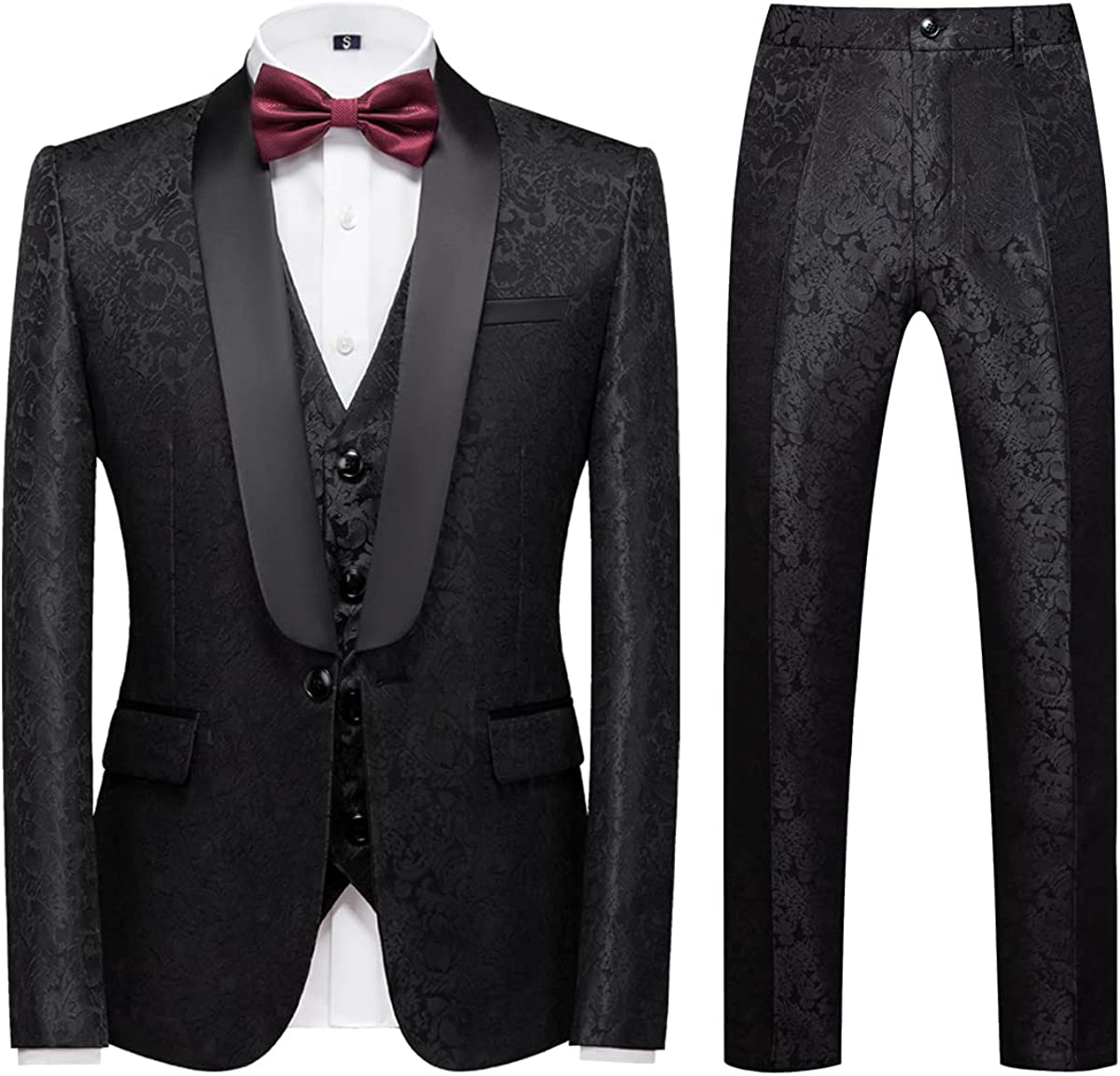 Fancy Black Jacquard Shawl Lapel Three Pieces Men Suits For Wedding-BMbridal