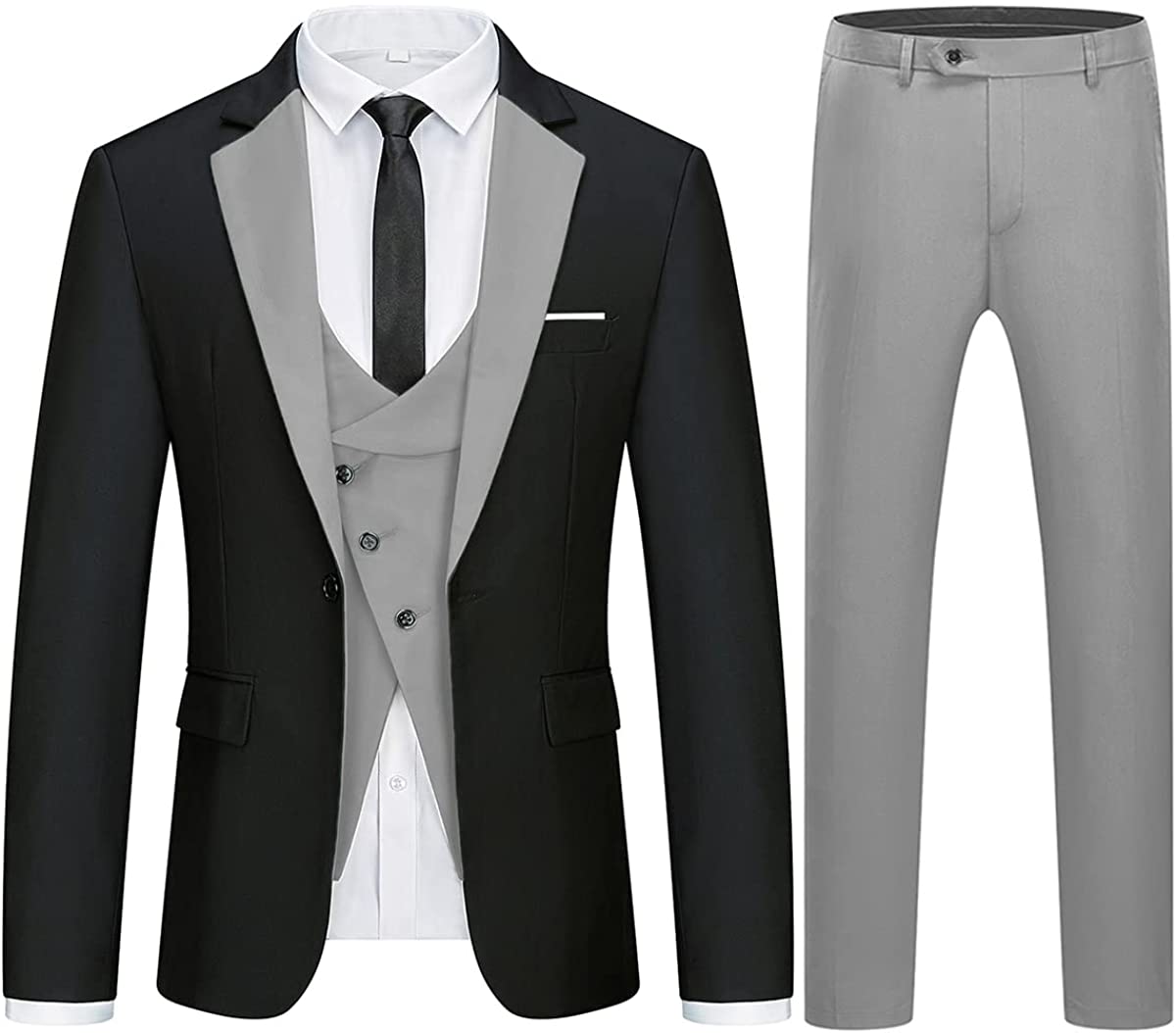 Modern Black And Gray Three Pieces Notched Lapel Men Suits For Business