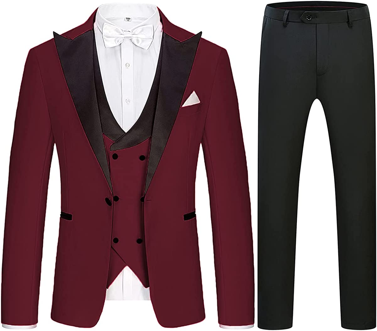 Fashion Burgundy Three Pieces Peaked Lapel Prom Suits-BMbridal