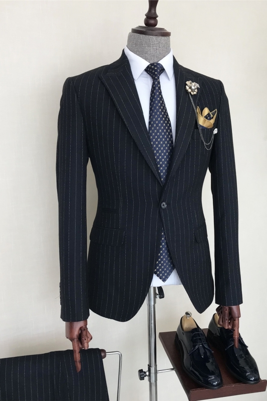 Formal Navy Blue Striped Peaked Lapel Men Suits For Business-BMbridal