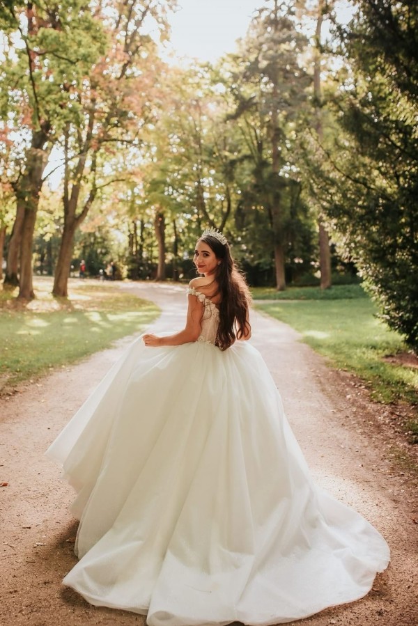 Bmbridal Off-the-Shoulder V-Neck Ball Gown Wedding Dress With Appliques-BMbridal