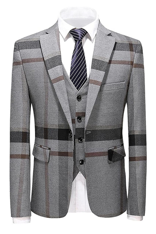 Bespoke Gray Notched Laepl Three Pieces Men Suits For Business-BMbridal