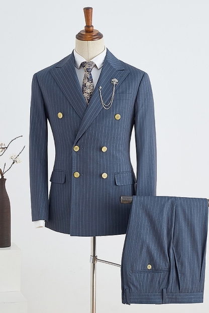 Chic Navy Blue Double Breasted Peaked Lapel Business Suits-BMbridal