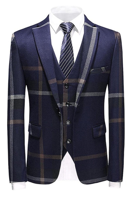 Chic Navy Blue Notched Lapel Three Pieces Men Suits For Business-BMbridal