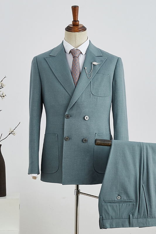 Fashion Blue Double Breasted Peaked Lapel Men Suits For Prom-BMbridal