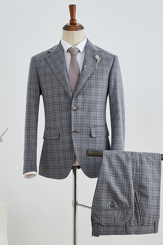 Fancy Gray Plaid Notched Lapel Men Suits For Business-BMbridal