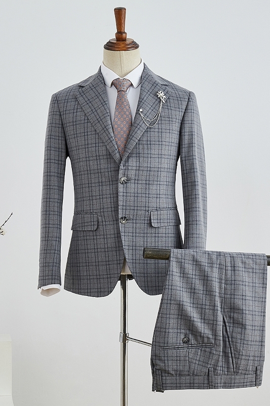 Fancy Gray Plaid Notched Lapel Men Suits For Business-BMbridal