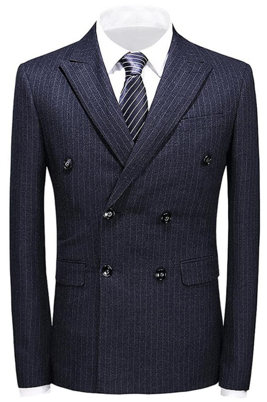 Fancy Black Double Breasted Peaked Laple Striped Men Business Suits-BMbridal