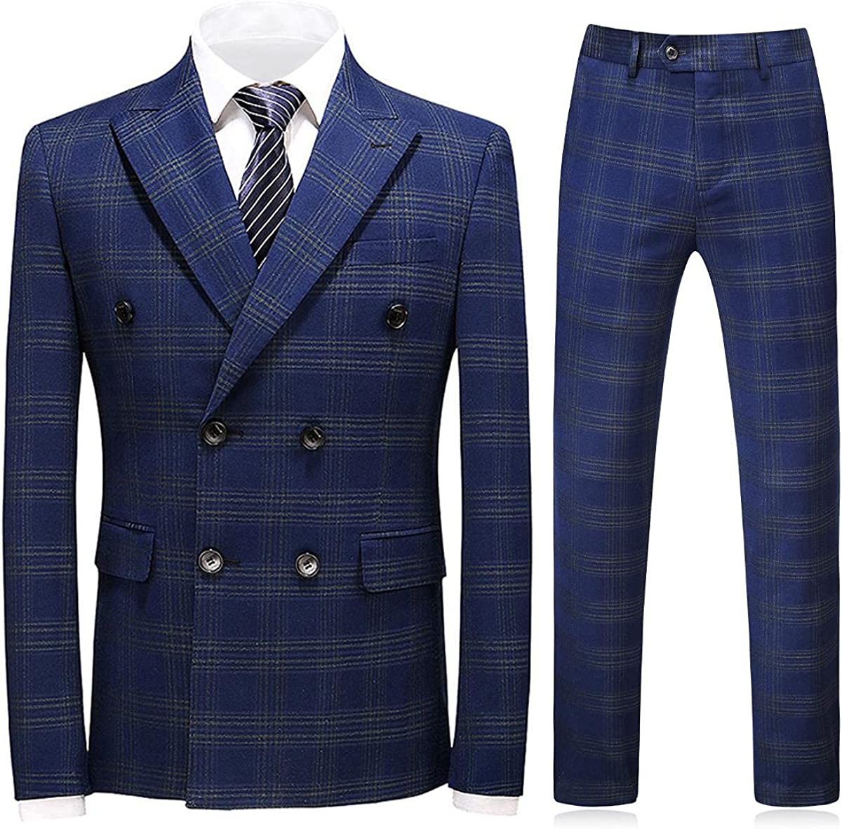 Fashion Navy Blue Double Breasted Plaid Men Suits For Business-BMbridal