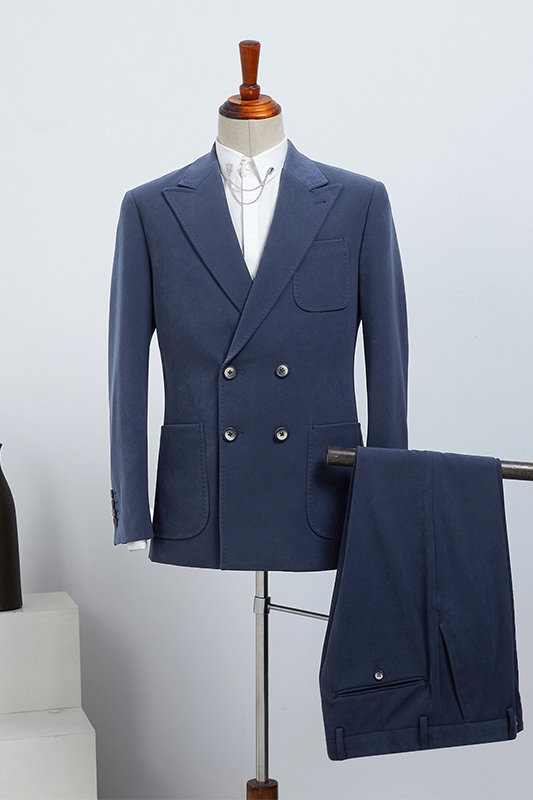 Formal Navy Blue Double Breasted Peaked Lapel Men Suits For Business-BMbridal