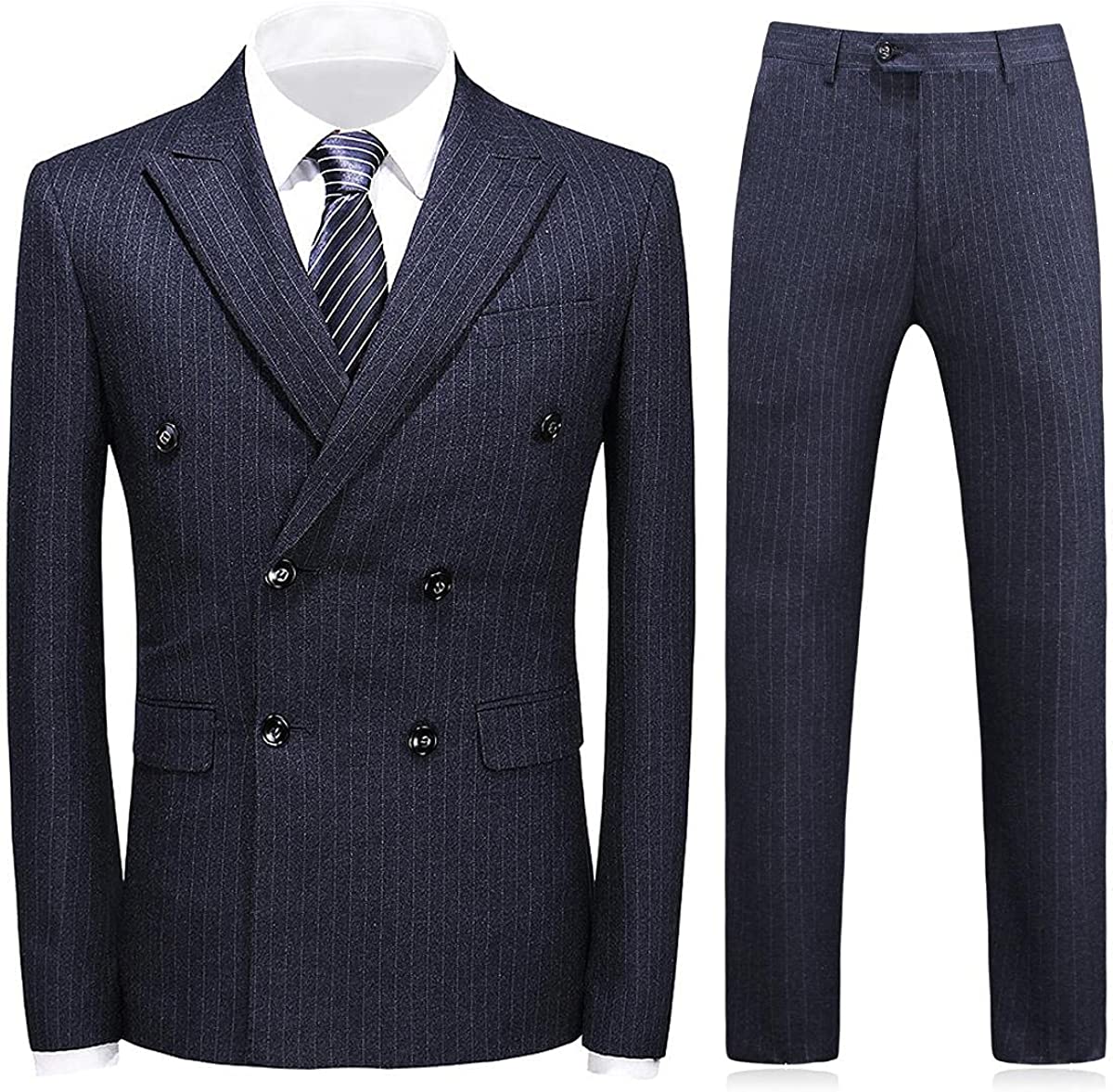 Fancy Black Double Breasted Peaked Laple Striped Men Business Suits-BMbridal