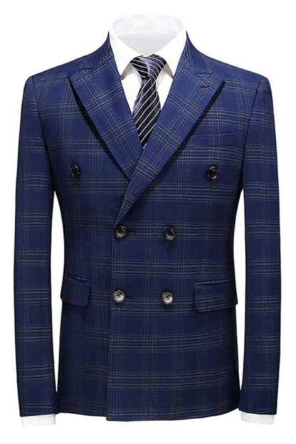 Fashion Navy Blue Double Breasted Plaid Men Suits For Business-BMbridal
