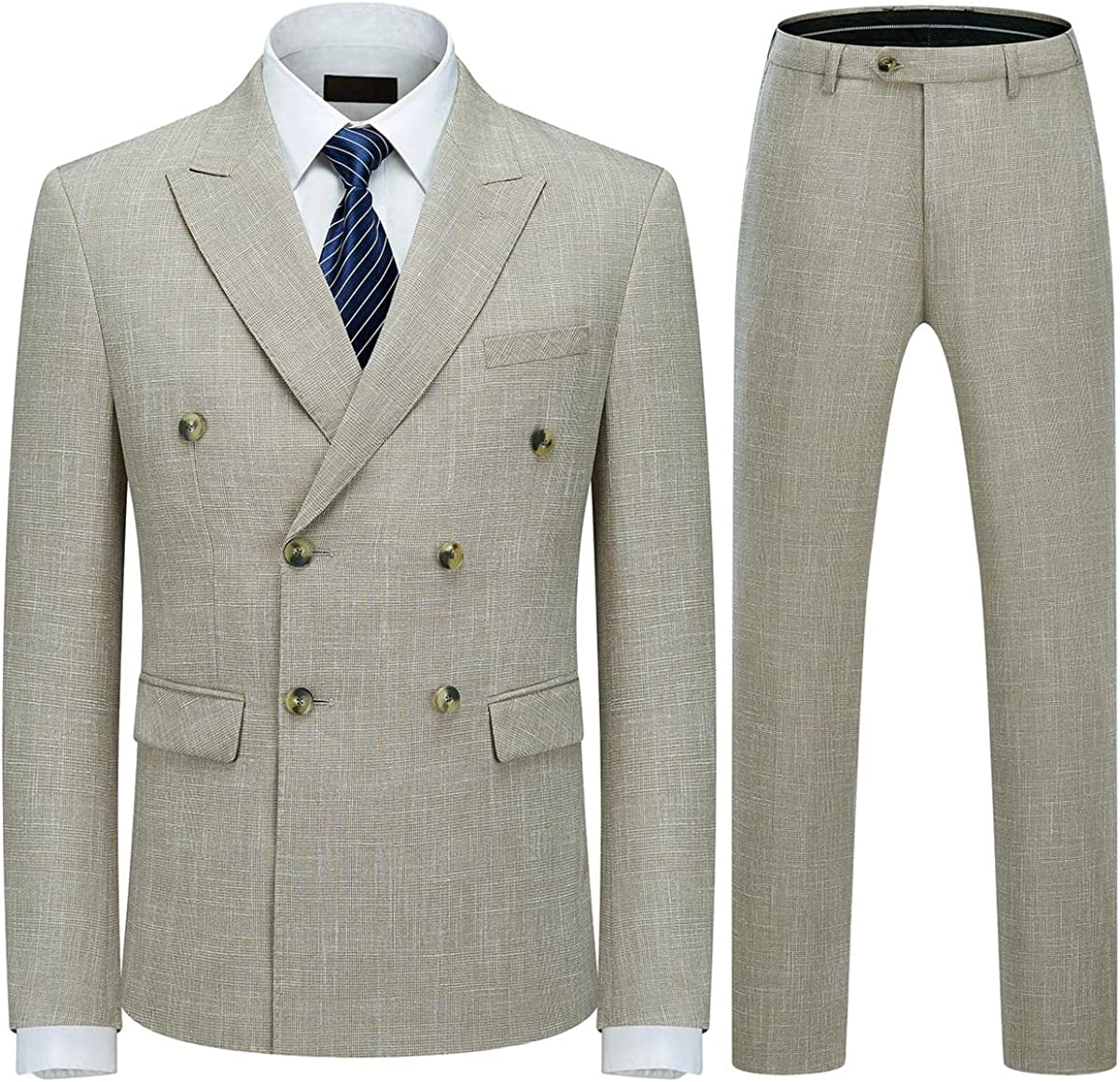 Fancy Light Khaki Double Breasted Plaid Men Suits For Business-BMbridal