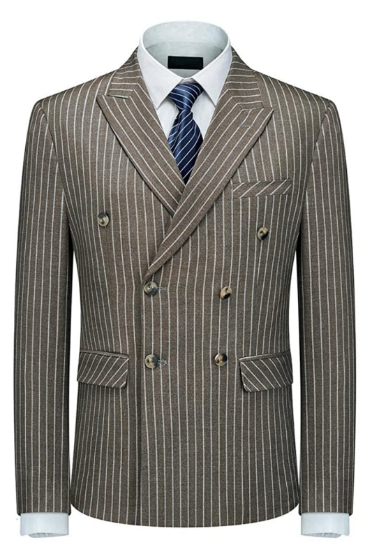 Modern Coffee Double Breasted Peaked Lapel Striped Men Suits For Business-BMbridal