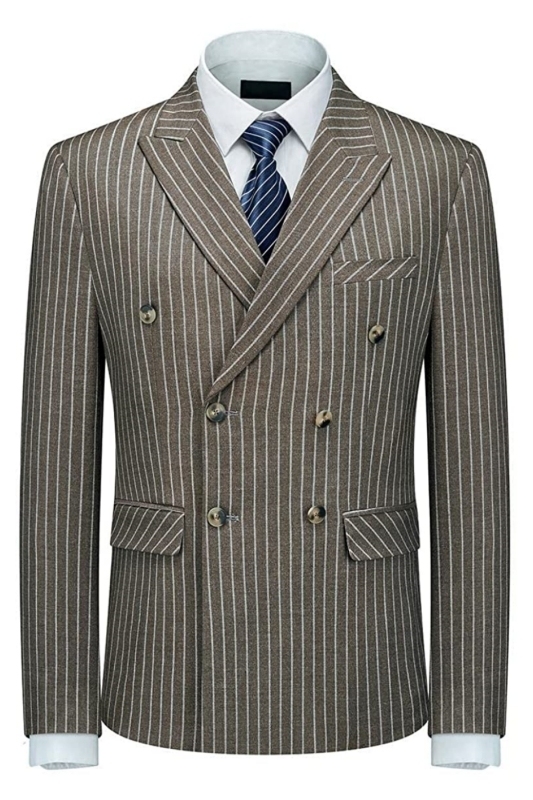 Modern Coffee Double Breasted Peaked Lapel Striped Men Suits For Business-BMbridal