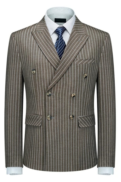 Modern Coffee Double Breasted Peaked Lapel Striped Men Suits For Business-BMbridal
