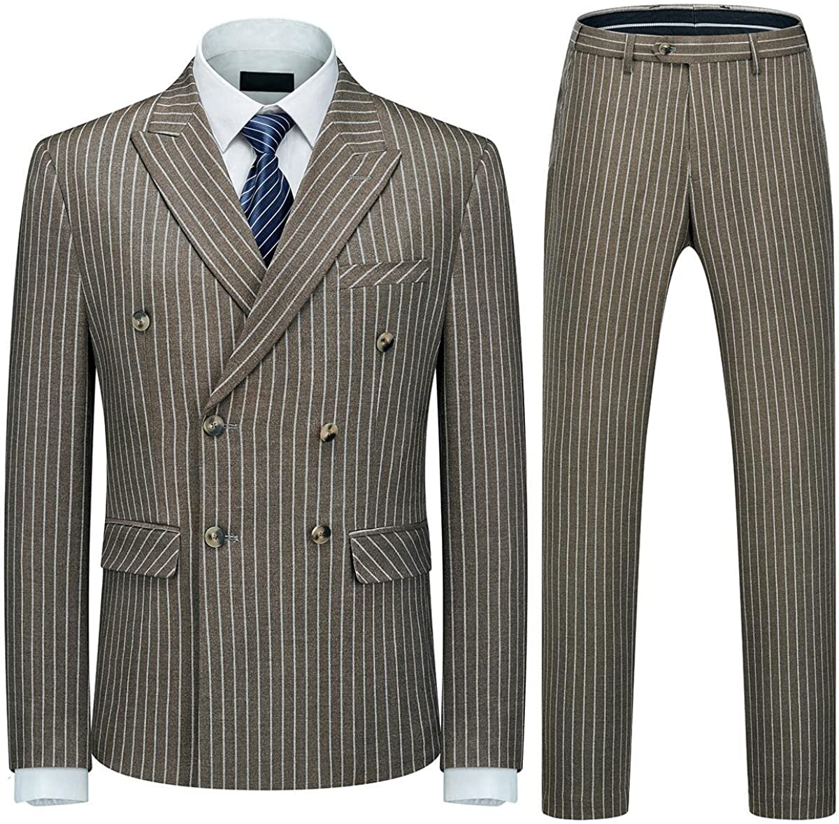 Modern Coffee Double Breasted Peaked Lapel Striped Men Suits For Business-BMbridal