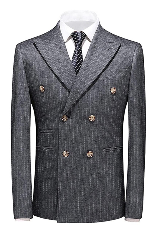 Formal Deep Gray Double Breasted Peaked Lapel Striped Men Suits For Business-BMbridal