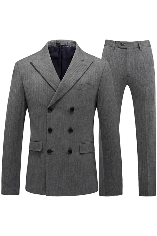 Bespoke Gray Double Breasted Peaked Lapel Striped Men Suits For Business