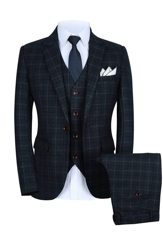 Formal Black Notched Lapel Three Pieces Plaid Men Suits For Business-BMbridal