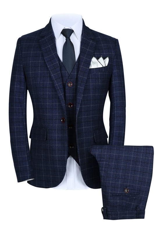 Bespoke Blue Notched Lapel Three Pieces Plaid Men Sits For Business-BMbridal