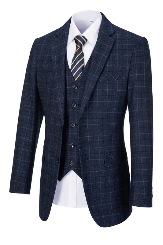 Modern Navy Blue Notched Lapel Three Pieces Business Suits For Men-BMbridal