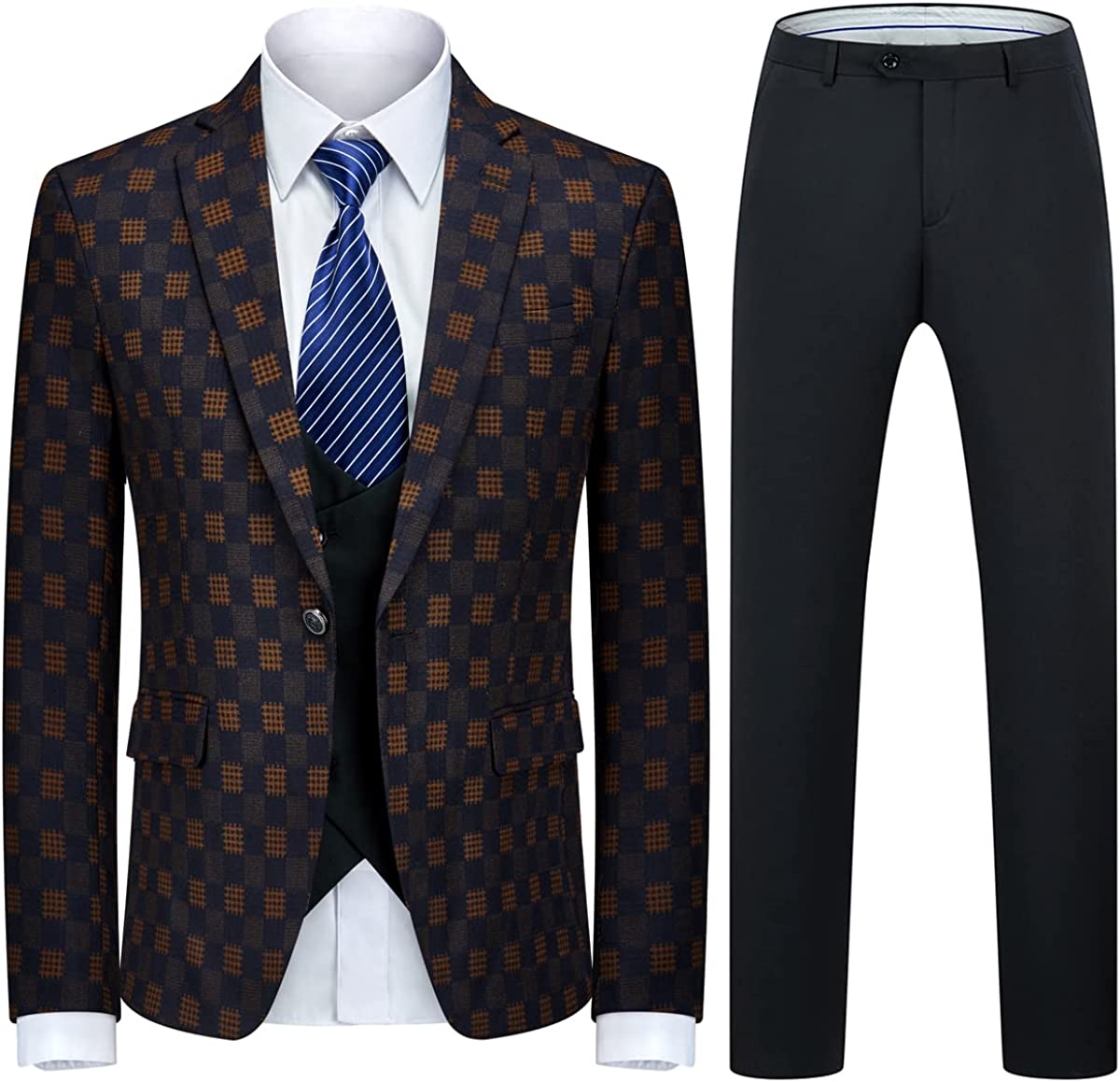 Fashion Black And Yellow Plaid Three Pieces Men Suits For Business-BMbridal