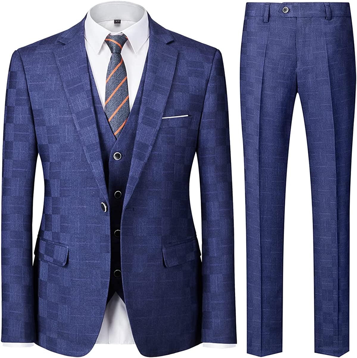 Bespoke Royal Blue Notched Lapel Three Pieces Plaid Suits For Business-BMbridal