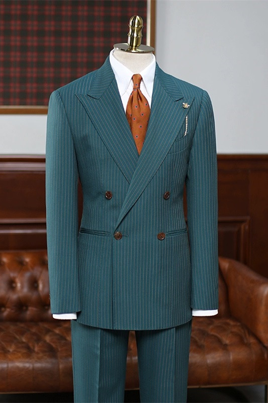 Bespoke Mint Green Double Breasted Striped Men Suits For Business-BMbridal
